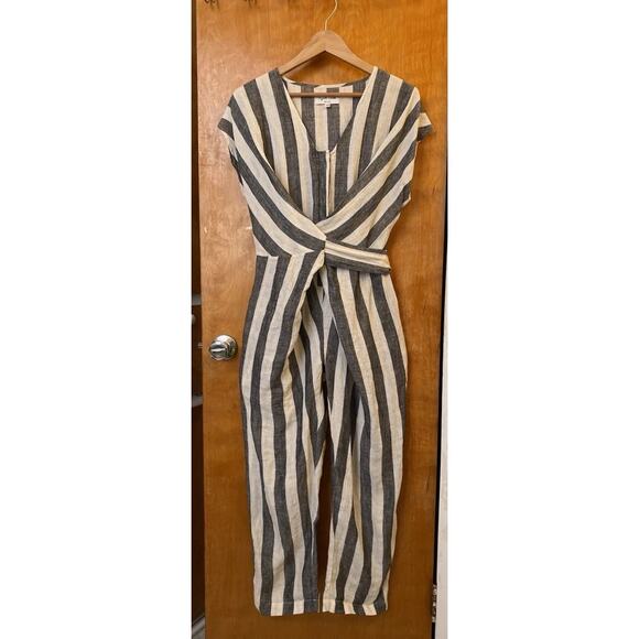 Rujuta Sheth Pants - Rujuta Sheth Venus Jumper Organic Sustainable Linen Gray Stripes Romper Size XS